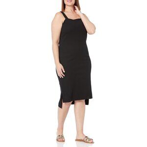 The Drop Womens Black Ribbed Midi Dress With Side Slits - Sleeveless & Square Ne